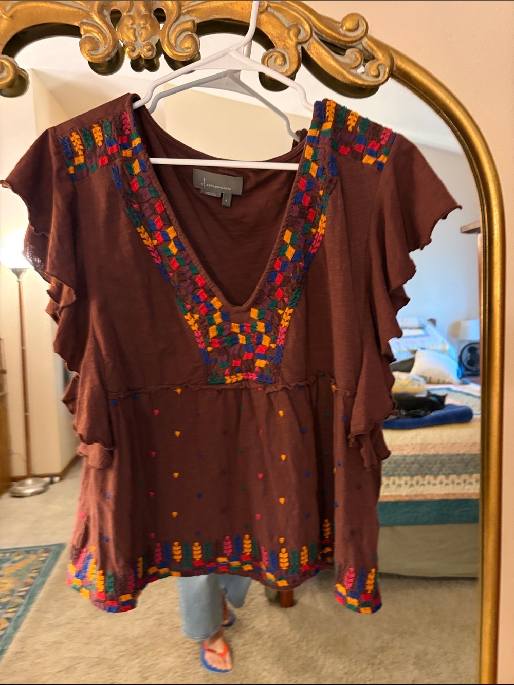 Anthropologie Brown Embroidered V-Neck Flutter Sleeve Top